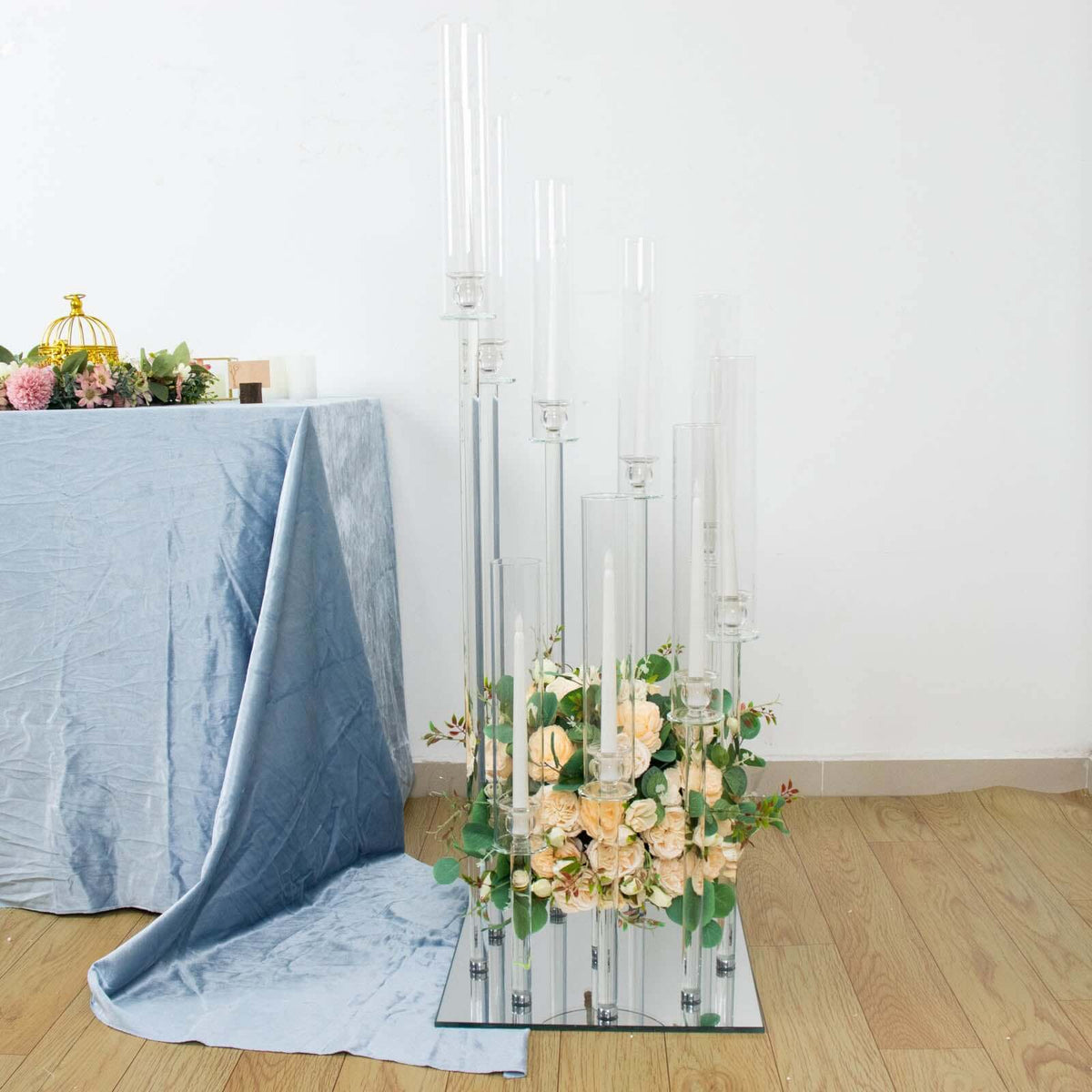 9-Arm Crystal Glass Cluster Candelabra Pedestal Stand 4ft - Square Hurricane Taper Candle Holder Table Centerpiece