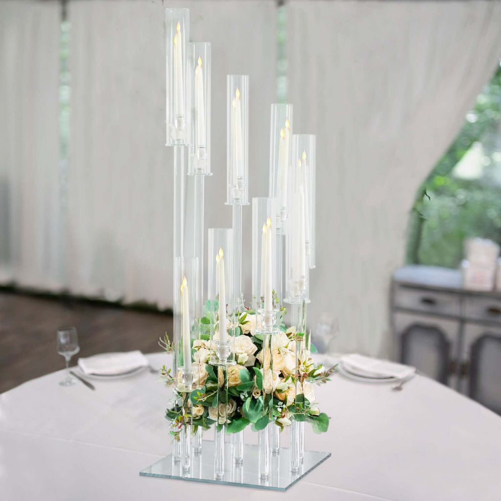 9-Arm Crystal Glass Cluster Candelabra Pedestal Stand 4ft - Square Hurricane Taper Candle Holder Table Centerpiece
