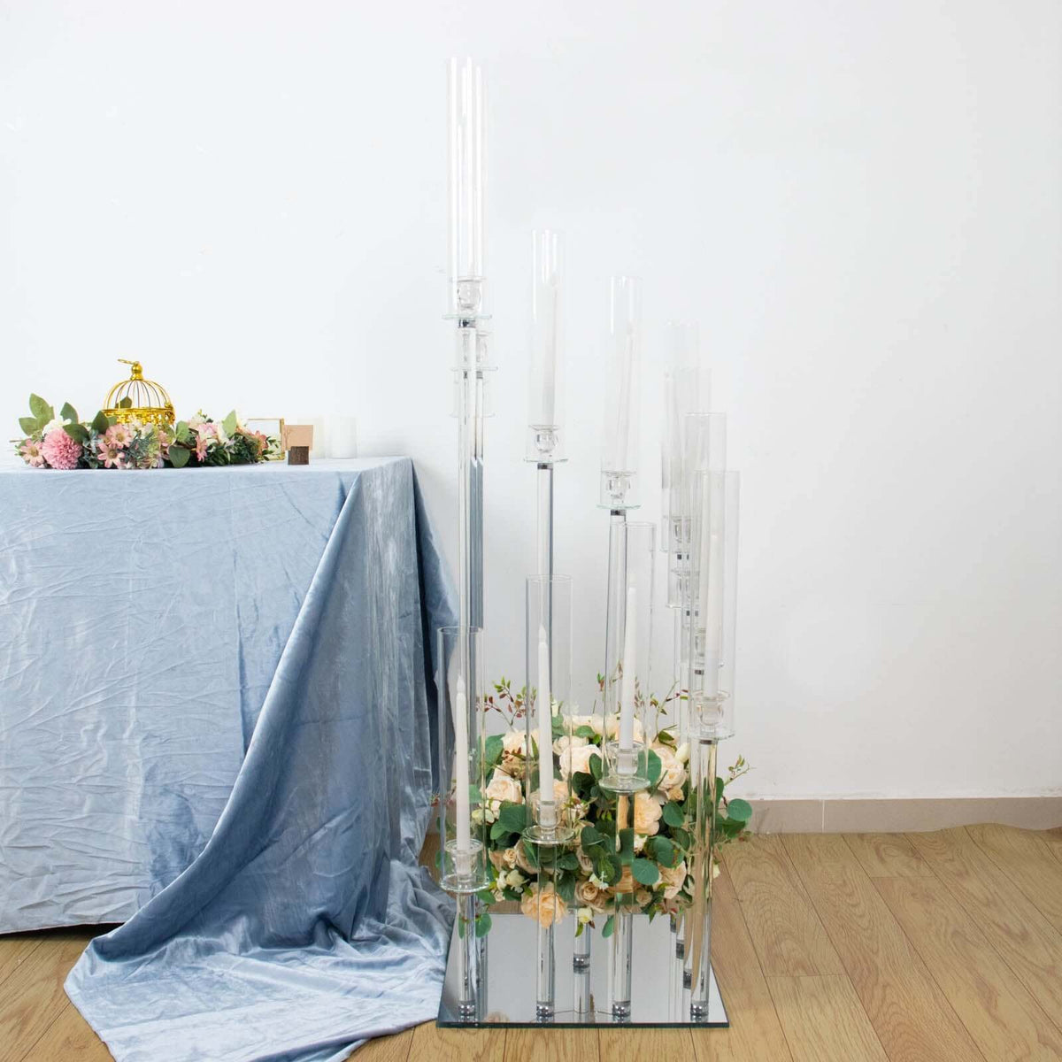 12-Arm Crystal Glass Cluster Candelabra Pedestal Stand 4.5ft - Square Hurricane Taper Candle Holder Table Centerpiece